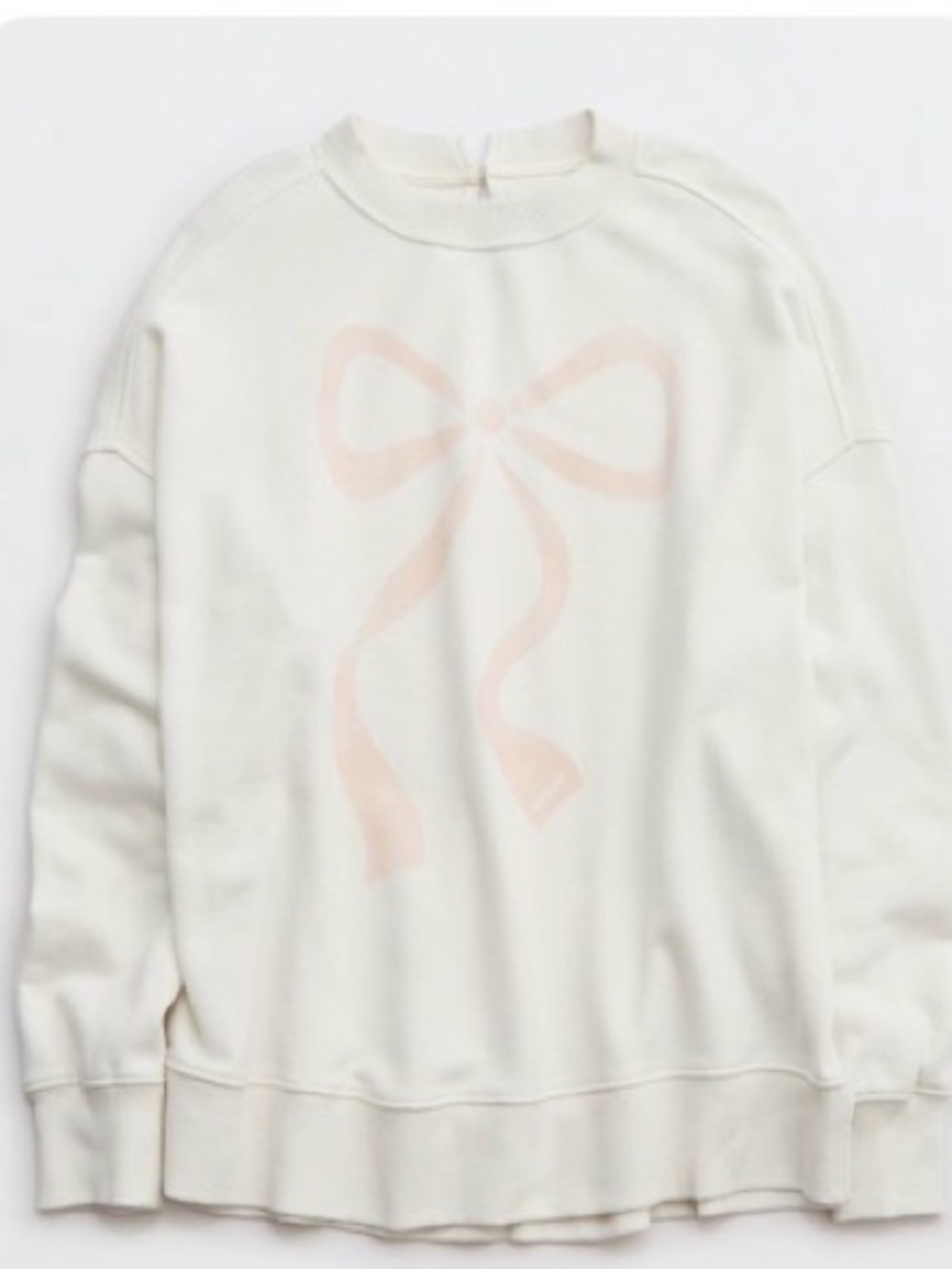 aerie Cream White Sweatshirt with Pale Pink Bow Graphic and Pearl Button